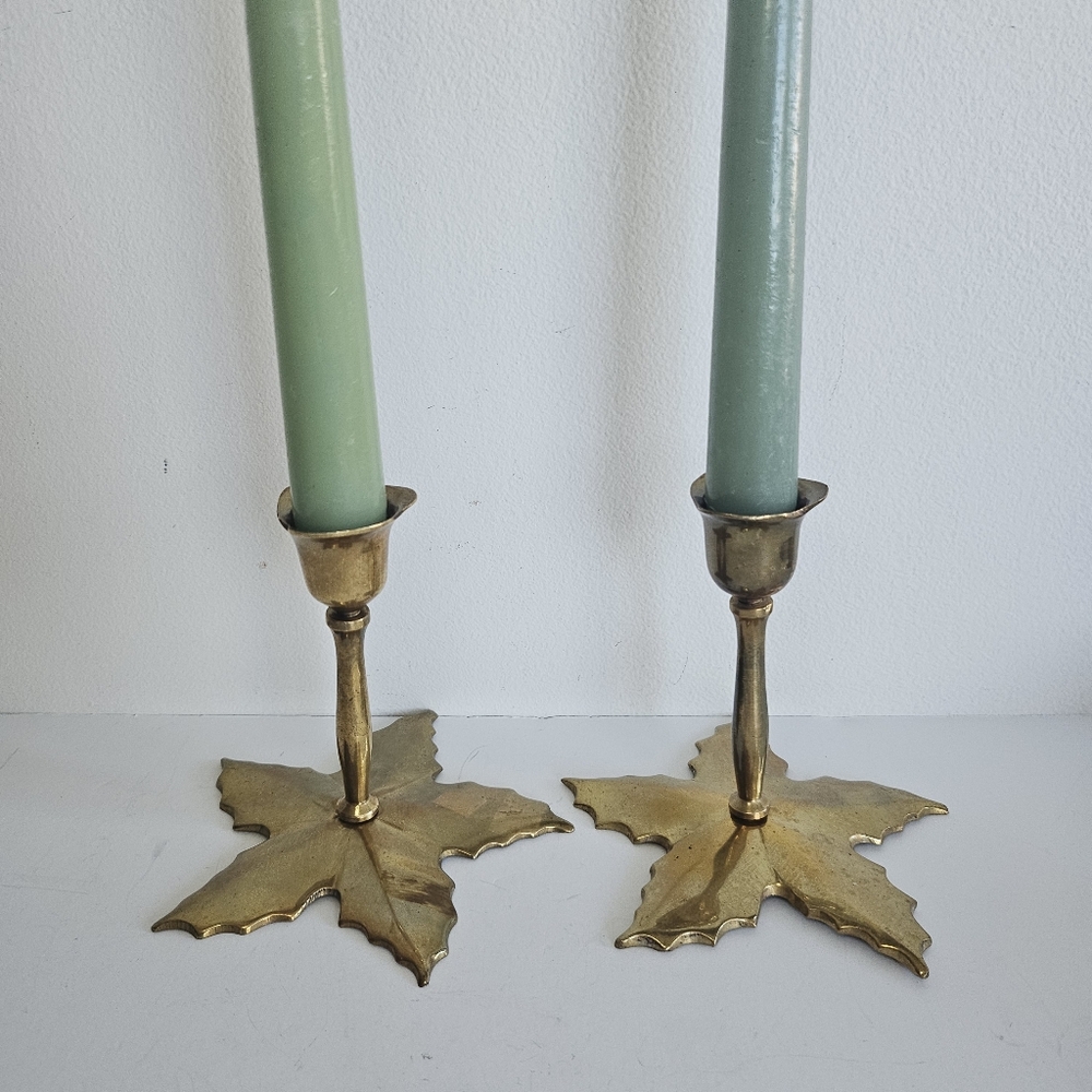 Brass Holly Leaf Christmas Candle Holders, Set Of 2 Gold Hollies Holiday Decor
